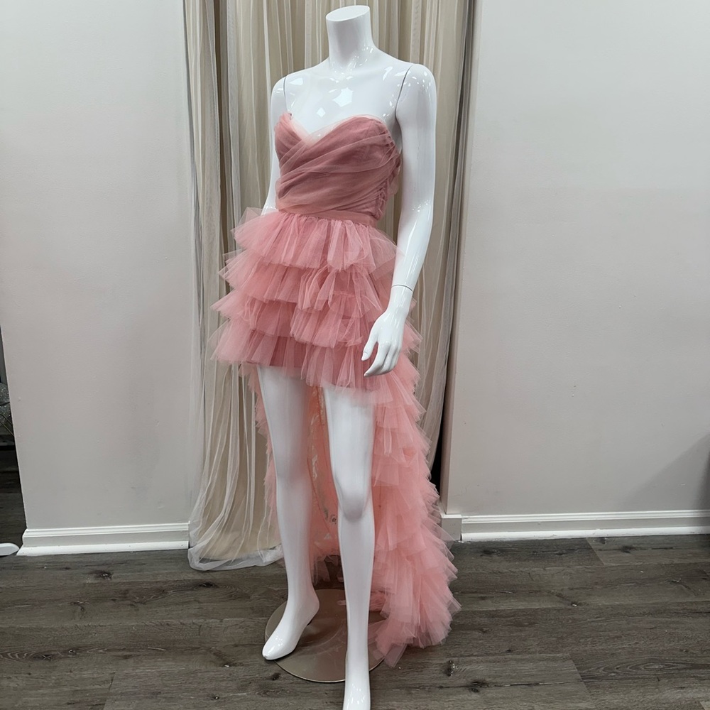 Layered Tulle High Low Strapless Mini Dress with Train Pink Small Baby Shower